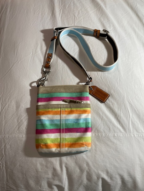 Coach Handbags - Coach Striped Multicolor Crossbody Bag with Blue Strap